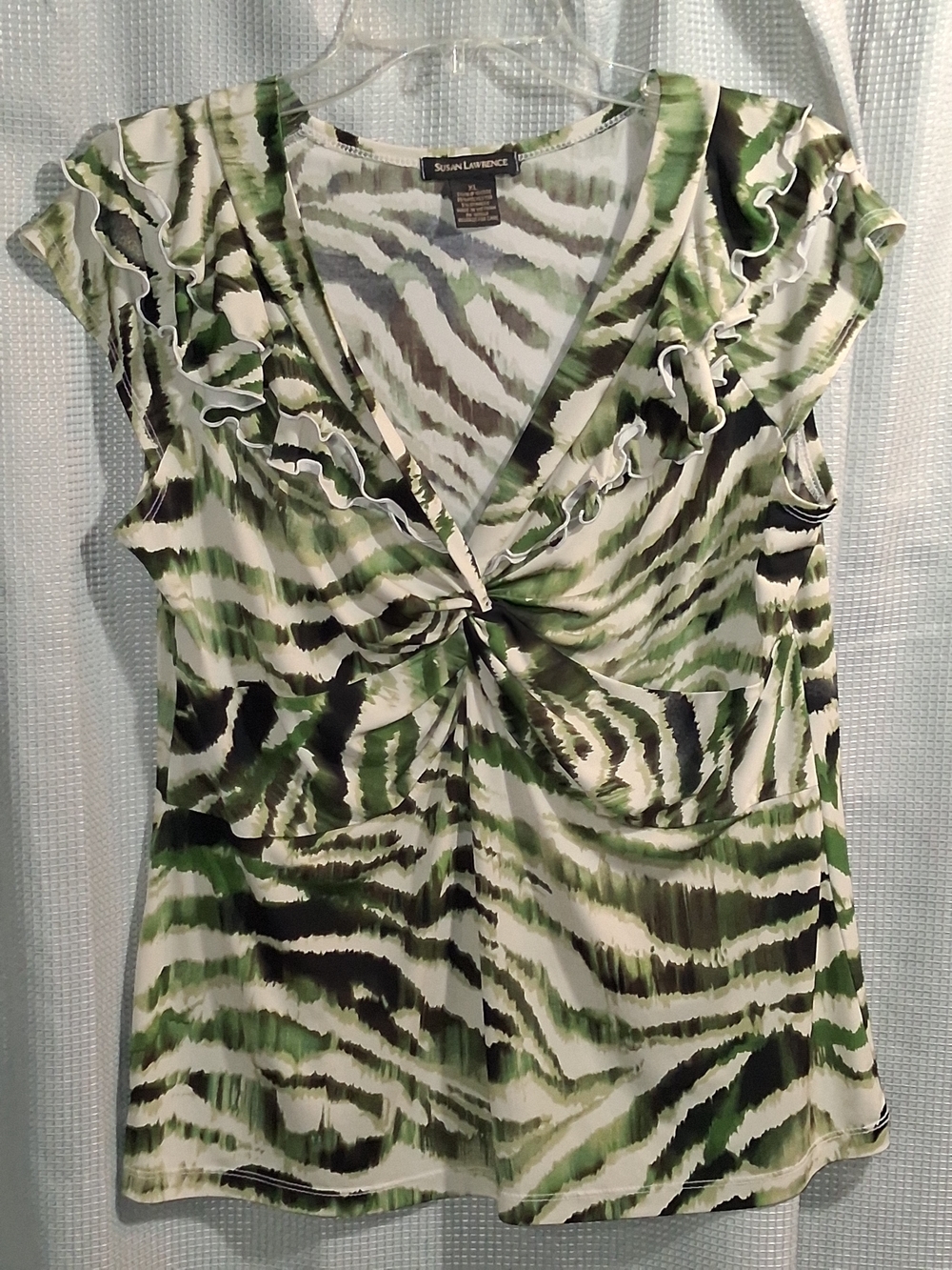 Susan Lawrence Green White and Black Zebra-Print Twist-Front Camisole